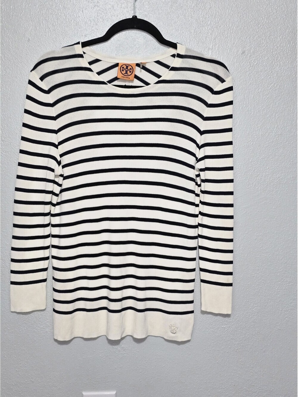 Tory Burch Sweater Small S Cream Navy Blue Striped Ribbed Knit Chevron Back Logo